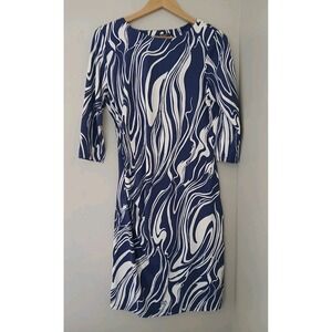 J. McLaughlin Catalina Cloth Ruched Side Dress Size Large Wavy Print 3/4 Sleeve